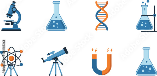 Science equipment icons including microscope, DNA helix, laboratory flask, telescope, atom model, magnet, chemistry tools, cad drawing flat vector illustration