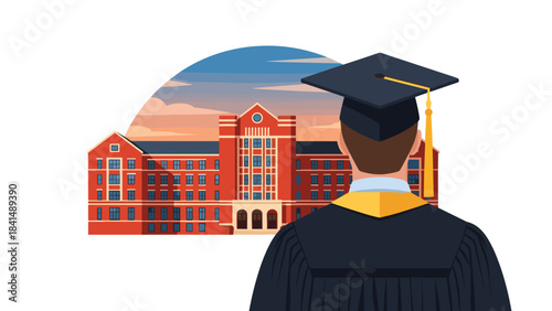 Graduate student wearing cap and gown in front of university building at sunset with colorful sky