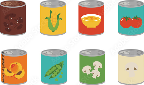 Canned food collection with beans, corn, soup, tomato, mushroom, peas, peach, grocery kitchen product, cad drawing flat vector illustration