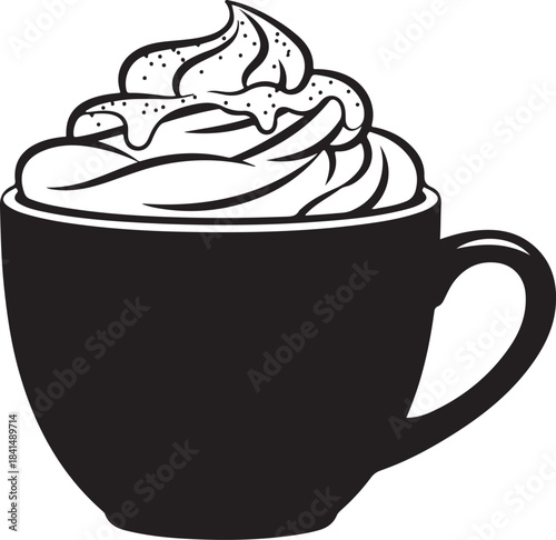 Black and white cup with whipped cream and chocolate shavings on