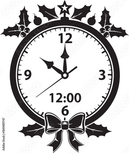 Black and white clock with holly leaves and berries and a bow at the bottom showing 1200 time