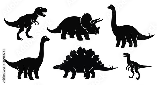 Simple black dinosaur silhouettes in a flat 2D vector style, featuring various prehistoric creatures isolated clearly against a clean white background.