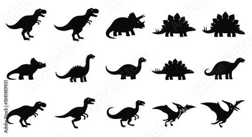 Dinosaur silhouettes vector illustration featuring a diverse collection of simple prehistoric animal figures rendered in stark black flat 2D graphic style on a clean white background.