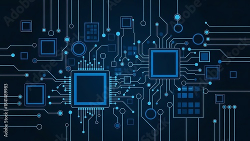 Abstract Blue Digital Circuit Board Background with Central Microchip Processor and Wiring
