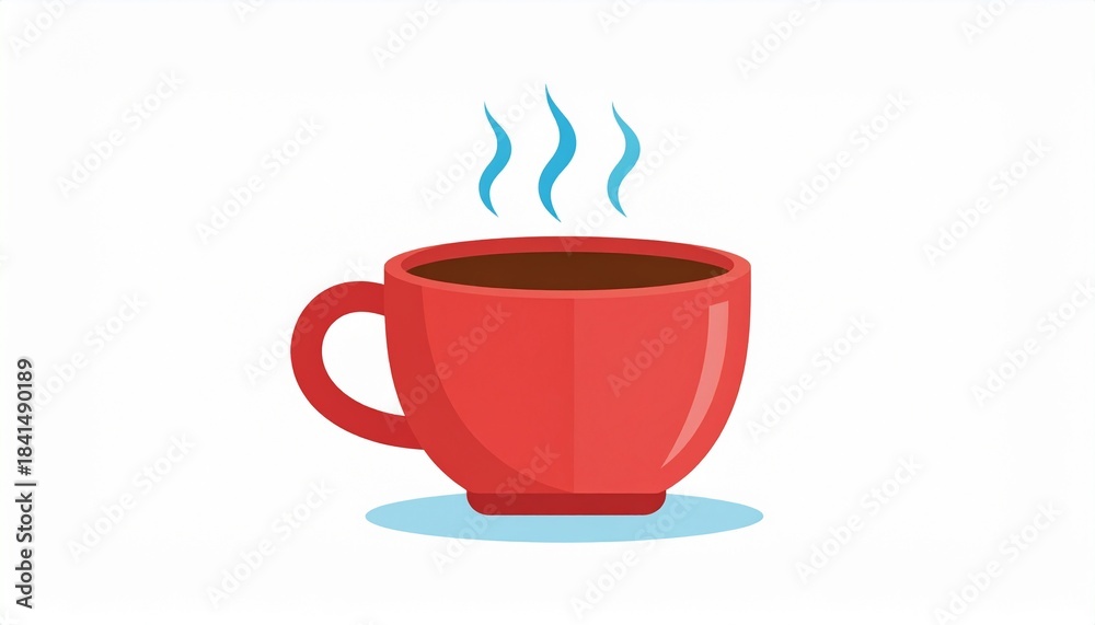 Obraz premium Steaming Red Cup with Hot Beverage. Simple Flat Design Illustration of Coffee or Tea in a Ceramic Mug.