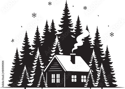 Black and white of a cozy house surrounded by tall pine trees with smoke coming from the chimney and snowflakes in the sky
