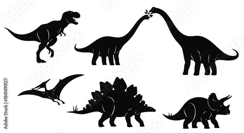 A collection of prehistoric black dinosaur silhouettes, rendered in a simple flat 2D vector illustration style, ideal for science education materials displayed against a clean white background.