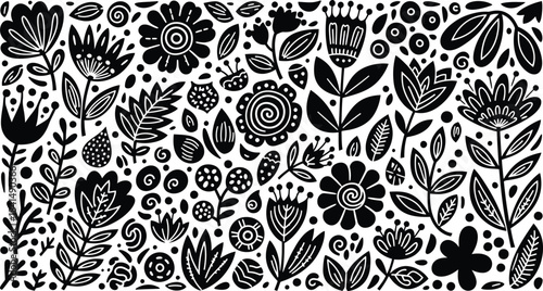 Abstract Black and White Floral Pattern of Various Flowers and Leaves in a Whimsical Style, Perfect for Design and Decoration