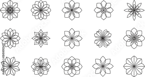 Elegant collection of diverse geometric flower line art illustrations, perfect for modern graphic design, creative projects, decorative patterns, and spiritual motifs, offering versatile vector shapes