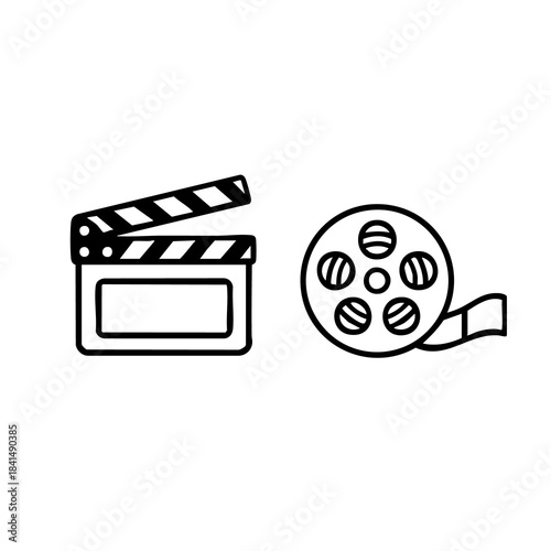 Simple movie and film icons including clapperboard, film reel, and other media production symbols, perfect for entertainment and cinema projects.