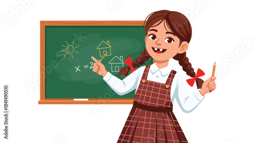 A cheerful young girl in plaid dress standing in front of a green chalkboard with drawings on it