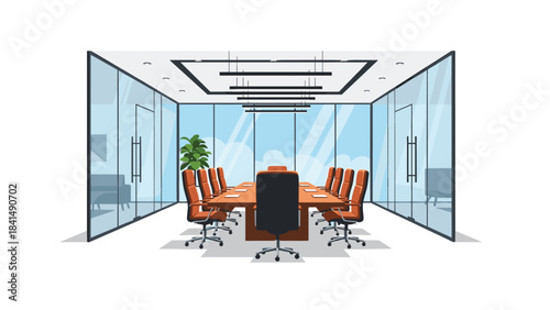 A modern office conference room with glass walls and red chairs around a table