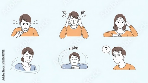 Set of Line-Art Illustrations Showing Different Emotional and Mental Health States