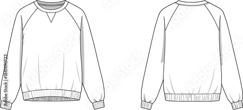 Sweatshirt front and back view, casual long sleeve pullover, crewneck garment technical template, fashion flat sketch, cad drawing flat vector illustration