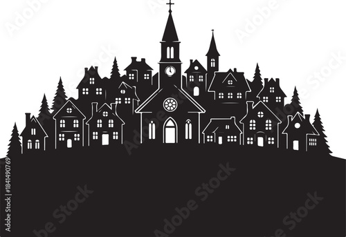 Black and white silhouette of a church with a clock tower and surrounding houses and trees