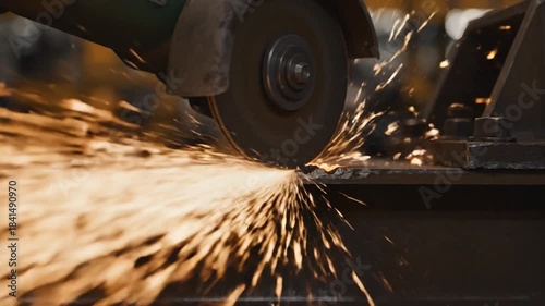 Close-up of a grinding wheel sparking as metal is cut, bright sparks fly outward. In a workshop now
