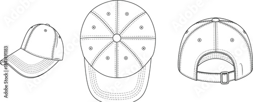 Baseball cap side top back view technical drawing, adjustable strap design template, unisex fashion headwear, cad drawing flat vector illustration