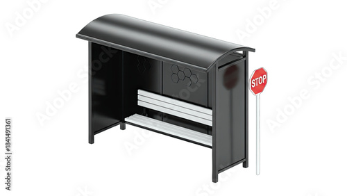 Modern Bus Stop with Stop Sign on White Background