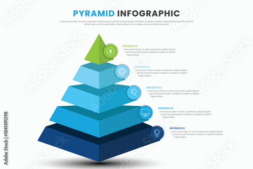 Pyramid infographic template with five blue and green levels stages options and text place