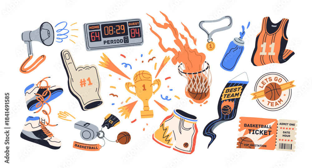 Fototapeta premium Basketball game elements set. Ball in net basket, scoreboard, whistle, sneakers and jersey, sports match ticket, trophy cup, fan foam finger. Flat vector illustration isolated on white background.