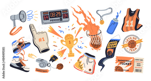 Basketball game elements set. Ball in net basket, scoreboard, whistle, sneakers and jersey, sports match ticket, trophy cup, fan foam finger. Flat vector illustration isolated on white background.