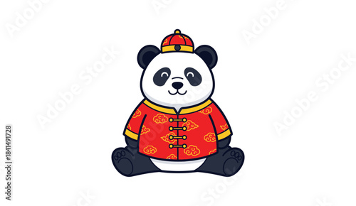 A cute Panda mascot character sitting while wearing a red traditional Chinese outfit (tangzhuang/cheongsam) and hat.