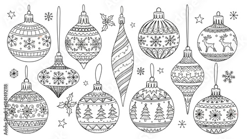 Festive Ornaments for the Holiday: A collection of exquisitely detailed, hand-drawn ornaments adorned with intricate patterns, snowflakes, and festive motifs.