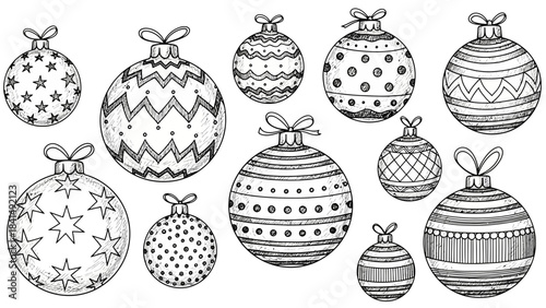 Hand-Drawn Festive Ornaments: A charming array of intricately detailed, hand-drawn ornaments, each with its unique pattern and style, evokes the warmth and magic of the holiday season. 