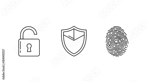 Open padlock, shield with envelope, and fingerprint icons - minimal black outline security and authentication vector illustration