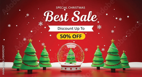 A festive christmas sale promotion features stylized trees a snow globe and a bold offer of fifty percent off discounts