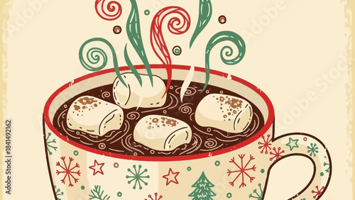 Cozy Cocoa Cup: An inviting cup of steaming cocoa, crowned with fluffy marshmallows, adorned with festive designs, and emitting wisps of warmth, promising comfort and indulgence.
