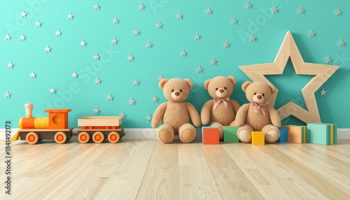 A whimsical playroom scene with teddy bears, a toy train, and building blocks, perfect for early childhood development promotions and children's event decorations.