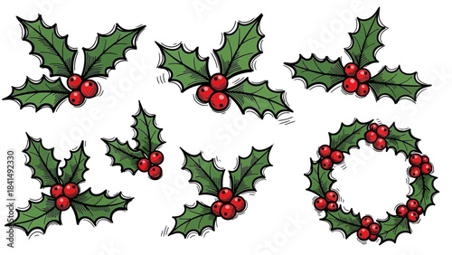 Festive Holly Berries: A collection of vibrant holly branches and a wreath with lush green leaves and bright red berries, perfect for adding a touch of holiday cheer and festive decorations.
