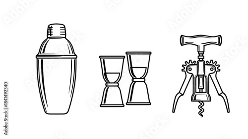 Line art icons: cocktail shaker, twin hourglasses, and gear-driven corkscrew