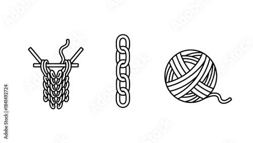 Minimalist line art icons: knitting with needles, chain link, and ball of yarn