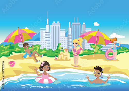 A group of children relaxing, having fun on the beach, and swimming in the sea. Summer vacation by the sea. Vector illustration.