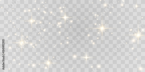Vector magical light dust, dusty shine. Flying particles of light. Christmas light effect. Sparkling particles of fairy dust glow in transparent background. Vector illustration on png