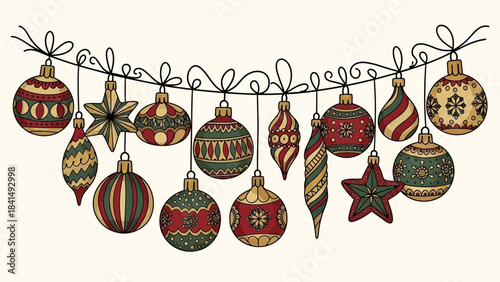 Christmas Ornament Garland: Festive Christmas ornament garland, adorning a space with a touch of seasonal charm, evoking feelings of joy and anticipation.