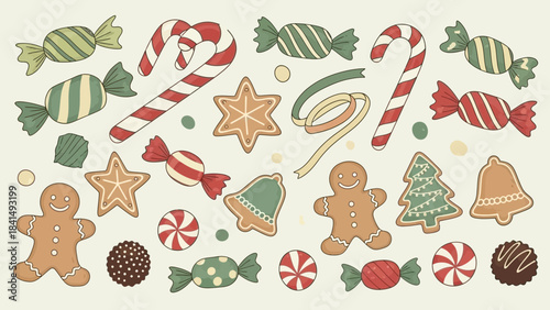 Festive Sweet Treats: A delightful assortment of festive candies, gingerbread cookies, and decorative sweets creates a visual symphony of holiday cheer.