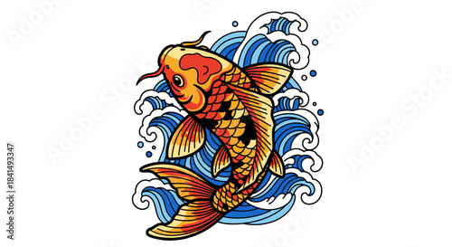 An iconic illustration of an orange, gold, and black Koi (Carp) swimming against swirling blue waves.