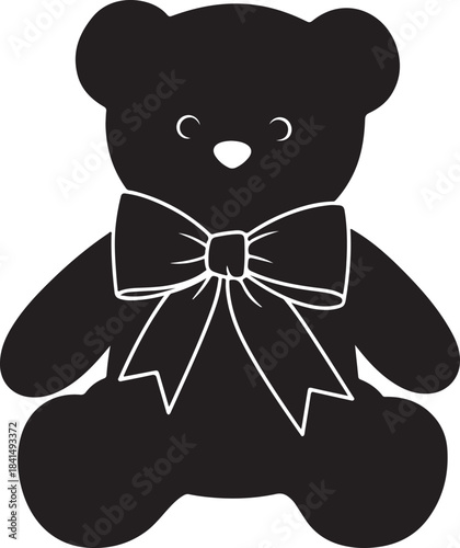 Cute black teddy bear with a large white bow tie sitting down