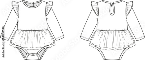 Baby girl romper dress flat sketch, long sleeve ruffle bodysuit fashion design template, infant outfit apparel, cad drawing flat vector illustration