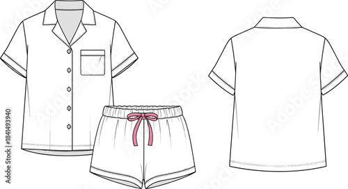 Women pajama short sleeve set flat sketch, button shirt with bow shorts sleepwear design, stylish loungewear outfit, cad drawing flat vector illustration