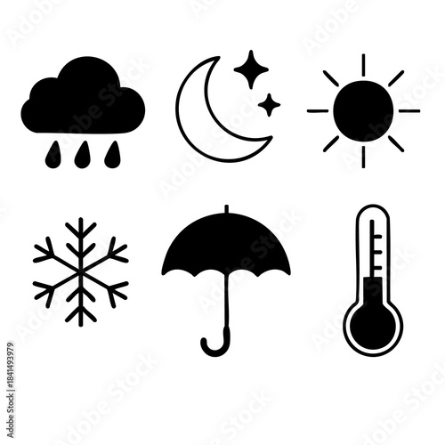 Weather forecast icons featuring sun, rain, snow, and thermometer, ideal for meteorology, climate, and daily weather-related illustrations.