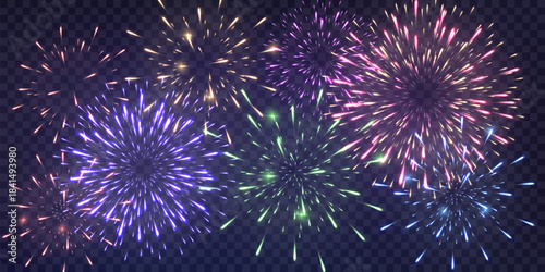 Festive fireworks with brightly shining sparks. New Year's Eve fireworks. Realistic sparks and explosions. Colorful pyrotechnics show. Vector isolated on png background.