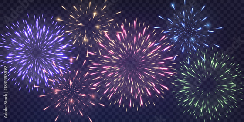 Festive fireworks with brightly shining sparks. New Year's Eve fireworks. Realistic sparks and explosions. Colorful pyrotechnics show. Vector isolated on png background.