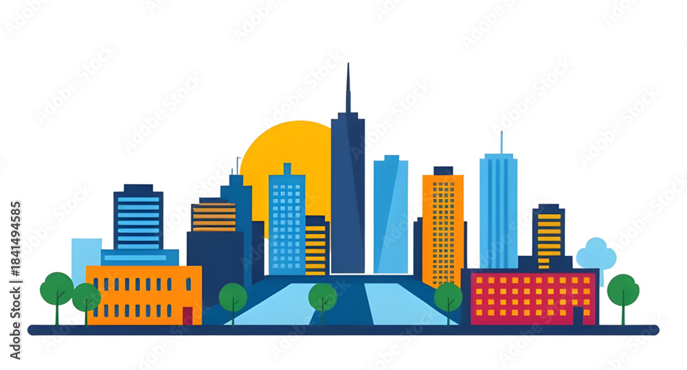 Obraz premium urbanity, megacity, citylineart, skylineicon, cityoutline, buildingicon, highrise, tower, block, apartment, office, businessdistrict, cbd, financialdistrict, citygrid, streetscape, rooftops, cityblock