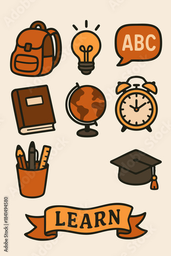 School and graduation-themed icons featuring books, globe, and diploma, ideal for education, learning, and academic-related designs.