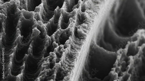 Medium shot focused on zoomed grain details in electron microscopy emphasizing contrast variations to study phase transitions and material deformation