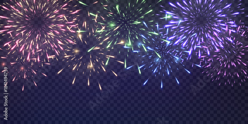 Festive fireworks with brightly shining sparks. New Year's Eve fireworks. Realistic sparks and explosions. Colorful pyrotechnics show. Vector isolated on png background.